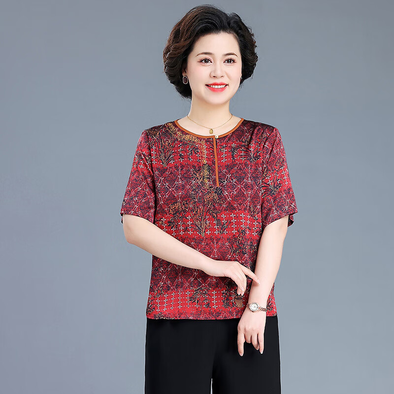 珂源羊老年人夏装女奶奶短袖国风60岁妈妈上衣服薄款夏季T恤 红色 3XL 