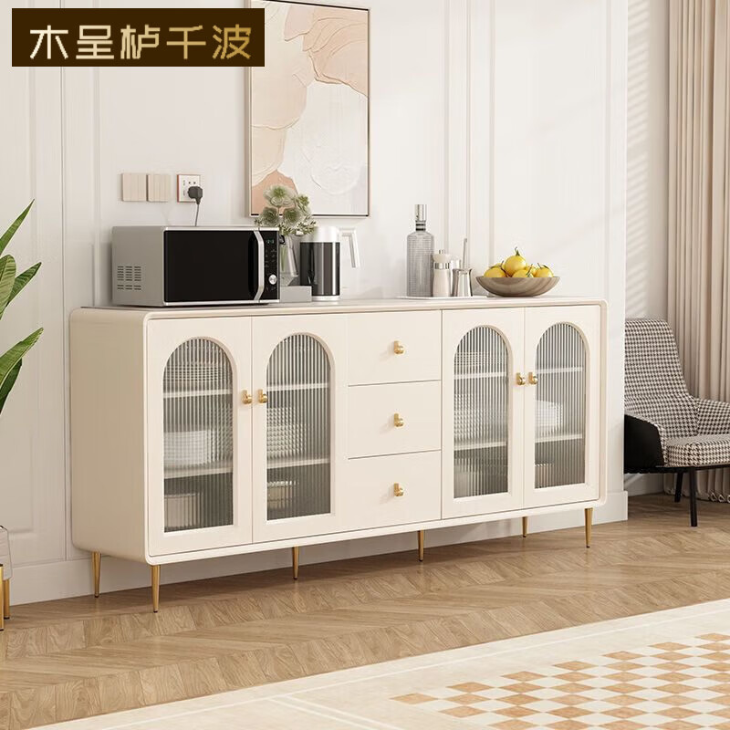 木呈栌奶油风餐边柜家用高柜一体靠墙玻璃酒柜茶水柜厨房多功能碗