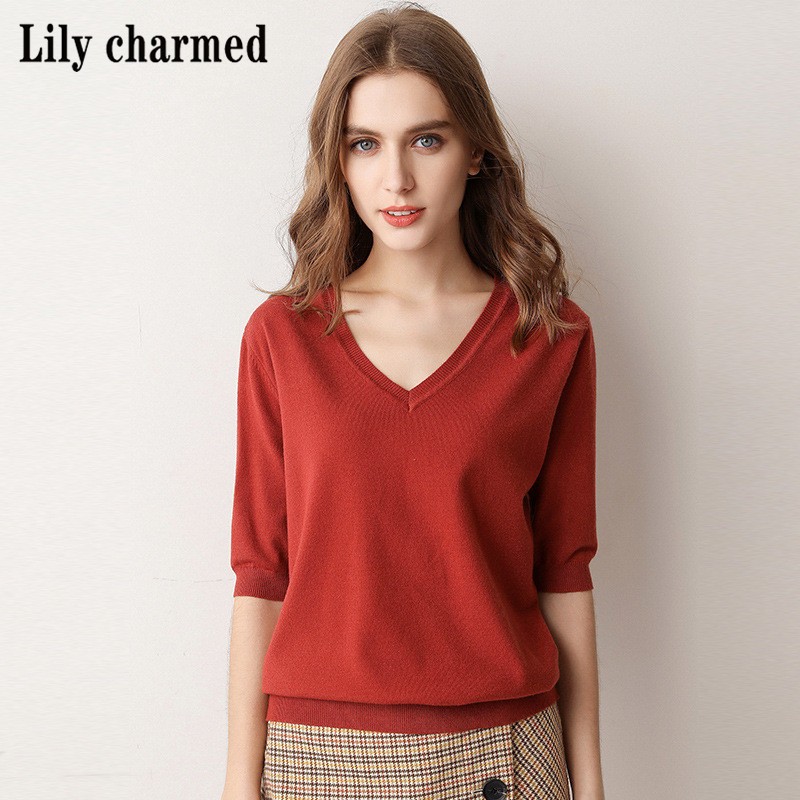 Lily charmed2021新款短袖女t恤女洋气毛衣针织衫v领半截袖潮韩版宽松打底衫T恤 枣红色 XXL