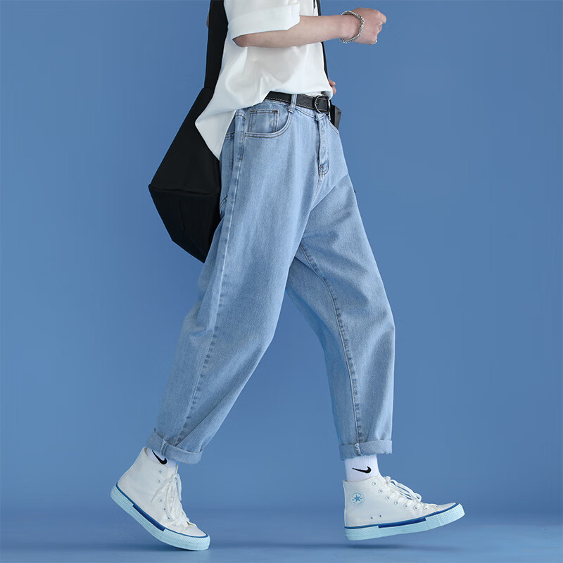 皇士皇妃浅蓝色牛仔裤男士夏季薄款韩版宽松小脚直筒休闲裤潮流男生九