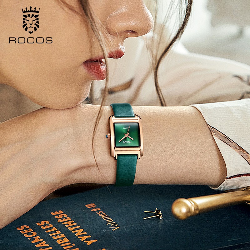 rocos品牌简约女士手表女表复古时尚皮带小方表小绿表防水礼物送女友