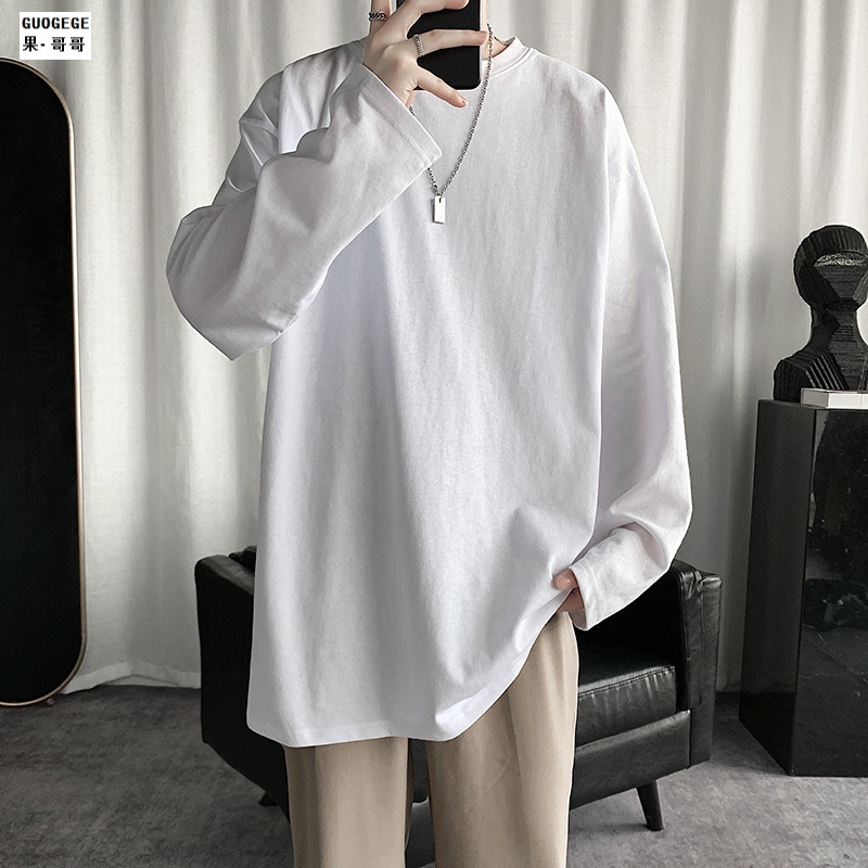日系内搭长袖T恤男士潮牌胖子大码宽松打底衫韩版潮流上衣服 白色 XL