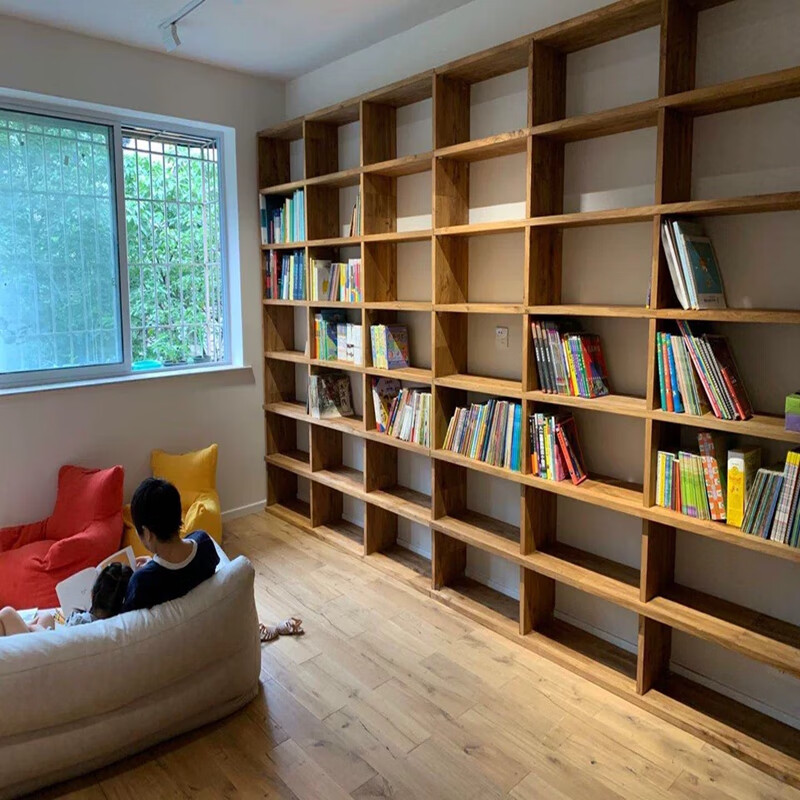 羽俙碧实木书柜落地大型老榆木书架定制免漆落地全实木书架定做隔断置