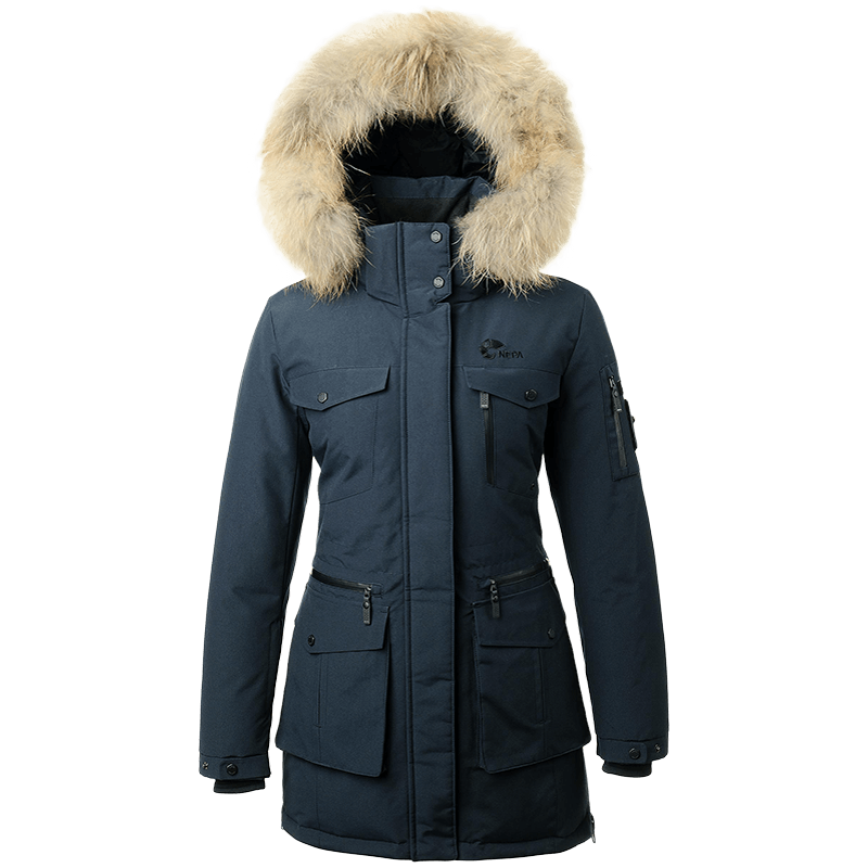 NEPA耐葩戶外女士中長款高蓬毛領(lǐng)鵝絨保暖防風(fēng)羽絨服CE82023 深藏青色 XXS 155/80A