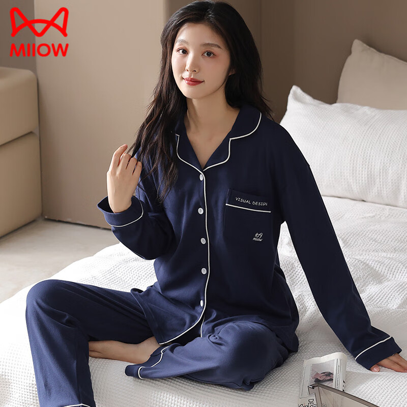 猫人男士睡衣男纯棉翻领开衫长袖睡衣男休闲可外家居服套装女 男款深蓝 2XL