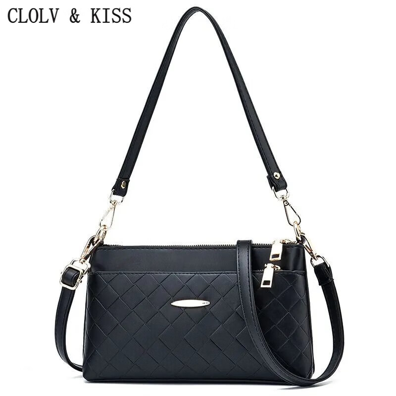 clolv kiss包包女2024新款感单肩斜挎包PU皮质感中年妈妈包腋下挎包小包 黑色菱格-赠+长带+短带