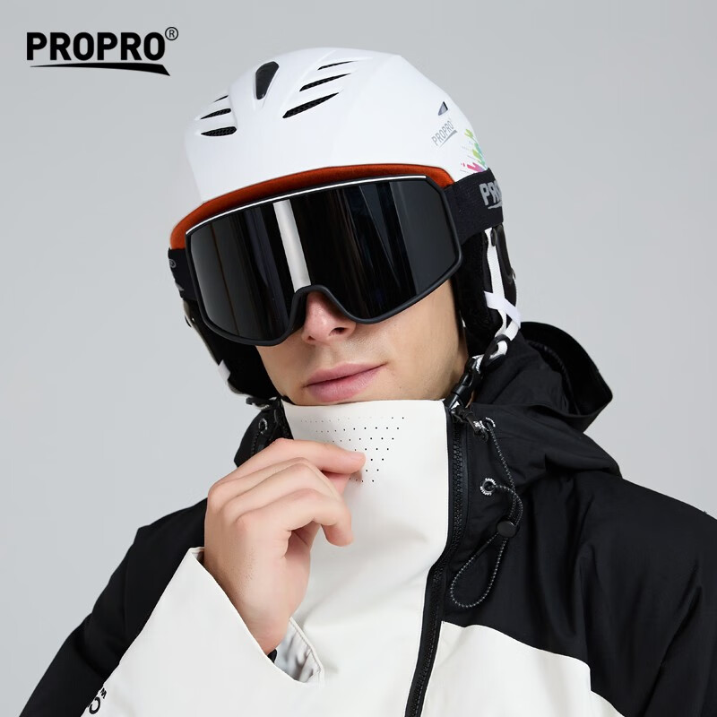 PROPRO新款滑雪头盔男女通用单双板户外滑雪保暖透气成人头盔套运动装备 白色头盔+黑色雪镜 L码