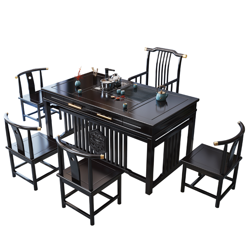 欧佳豪 实木茶桌椅组合新中式茶台功夫喝茶几茶具套装一体办公室泡茶桌子 1.8米胡桃色鹏程天下茶桌1梳子椅4新中式椅