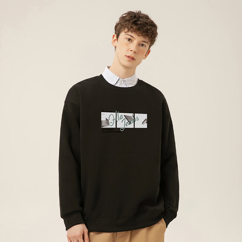 黑鲸海澜之家旗下潮牌运动卫衣男冬季圆领加厚带绒防寒上衣 黑色 XL