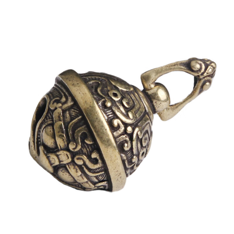 萌悦复古黄铜饕餮花纹铃铛钥匙扣挂件圆铃铛仿古文玩小铜器 单个饕餮