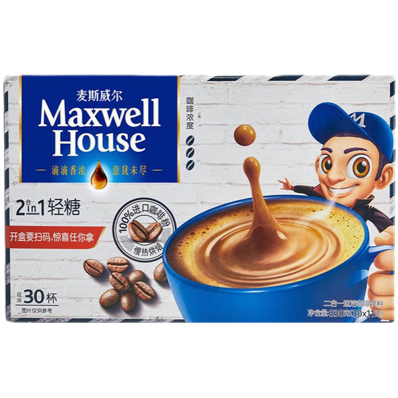 麥斯威爾速溶咖啡 輕糖二合一咖啡粉330g（11g*30條） 輕糖30條盒裝