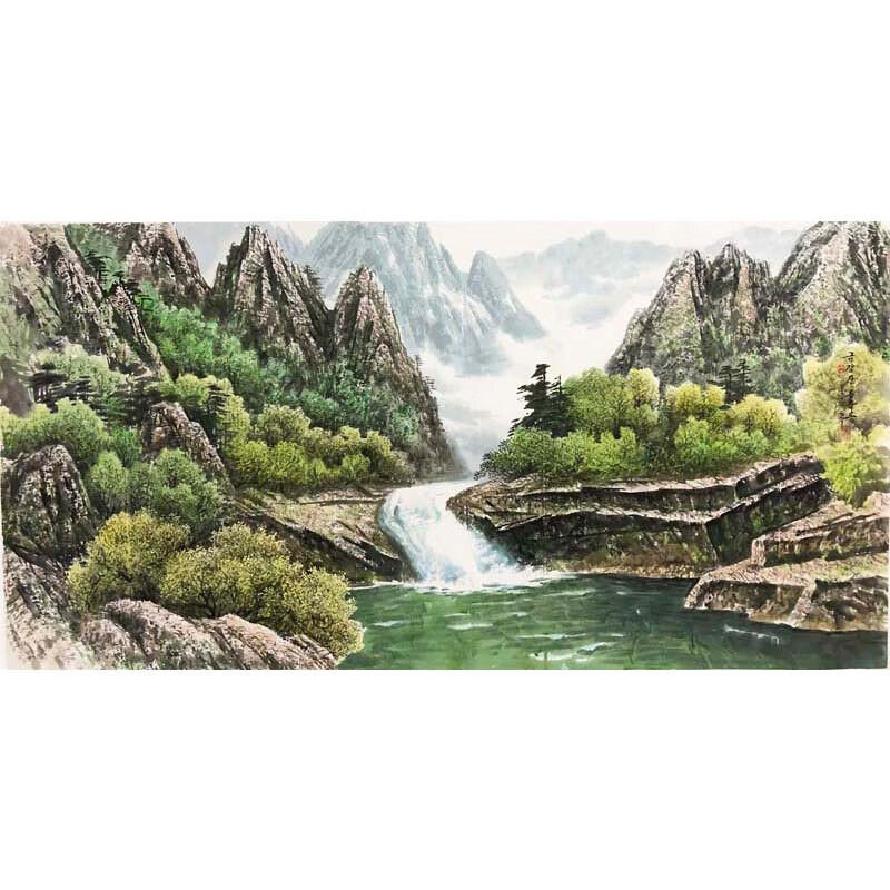 2006年朝鲜风景国画一级画家齐秀《金刚山玉流洞》托底客厅书房装饰