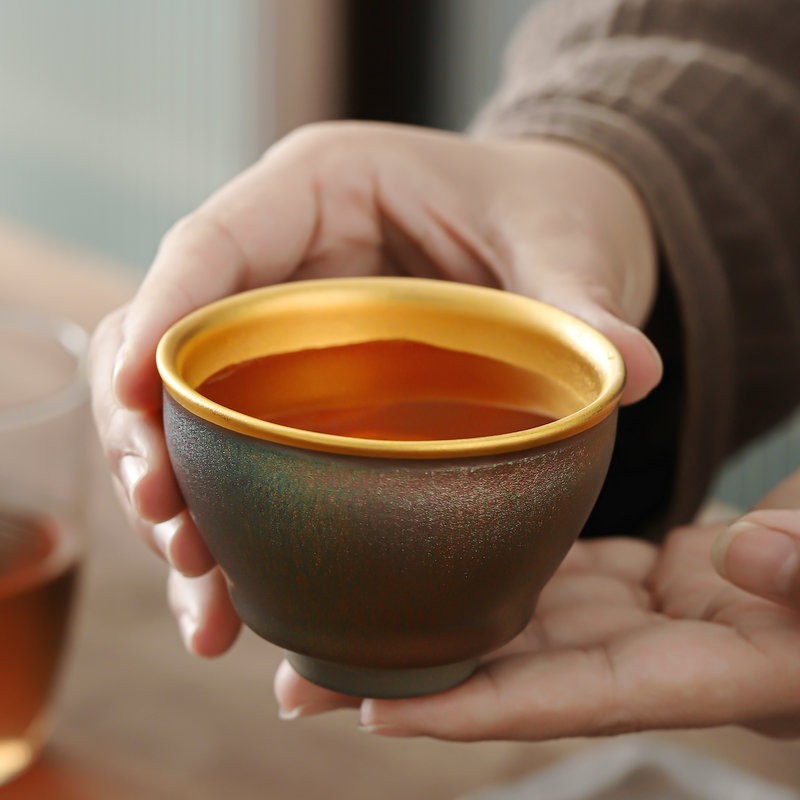 蕊融原矿铁胎建盏鎏金品茗杯金杯喝茶杯泡茶杯主人杯全手工茶杯流云盏