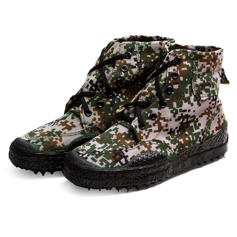 解胶鞋男 户外劳保训练鞋工地鞋防滑耐磨帆布吸汗解放鞋 高帮林地迷彩