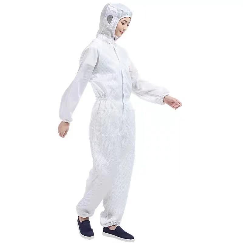 雷事兴无尘服防静电连体连帽喷漆防尘条纹白蓝色男女工作车间除静电衣服 藏青色连体服带口袋【不含鞋子】 5XL