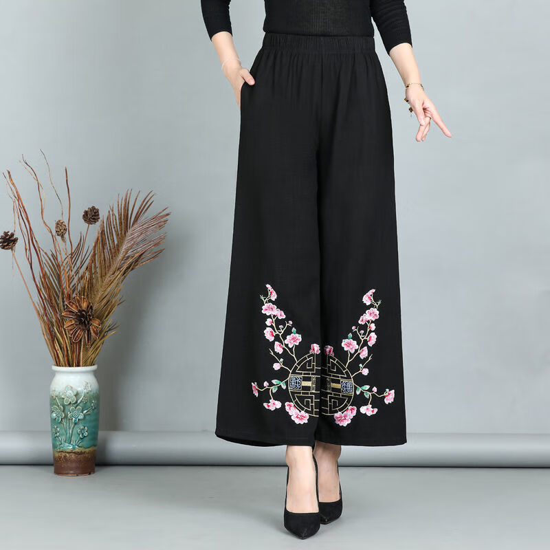 星垂晓雾40-50岁妈妈装中老年阔腿女裤春秋新款中老年绣花女裙裤民族