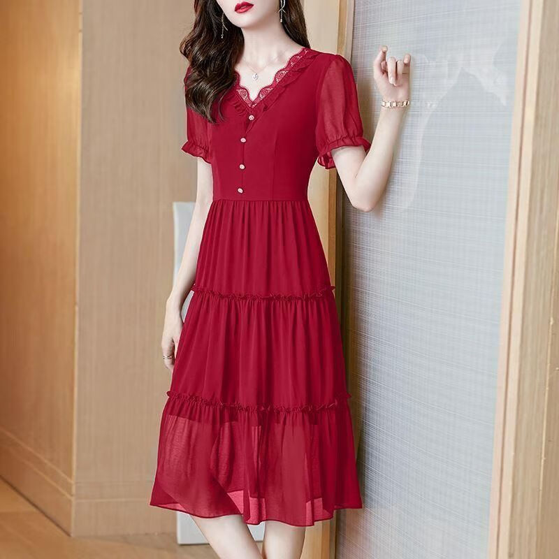 奕菓30到40岁至45女士蕾丝连衣裙夏天穿的红色连衣裙女2023夏季韩版时
