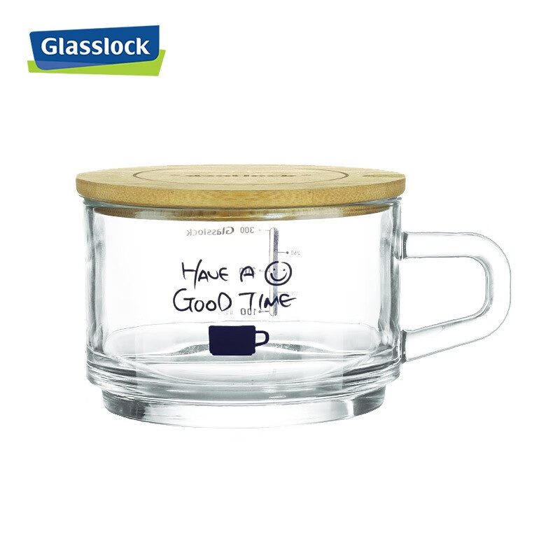 Glasslock韩国大容量儿童钢化玻璃牛奶早餐杯耐热水杯刻度量杯 450ml 容量蓝色(圆木盖