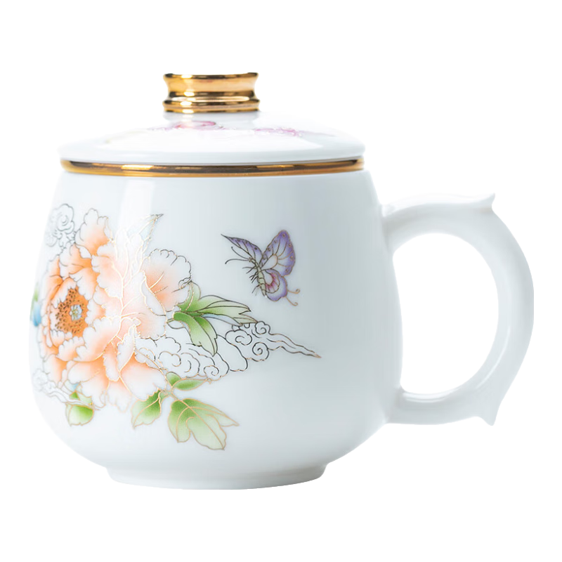 鈺銓龍門 羊脂玉瓷釉燒辦公杯 白瓷泡茶杯描金牡丹花家用喝茶帶蓋過濾水杯 1.【黃色】牡丹辦公杯 380ml 1只