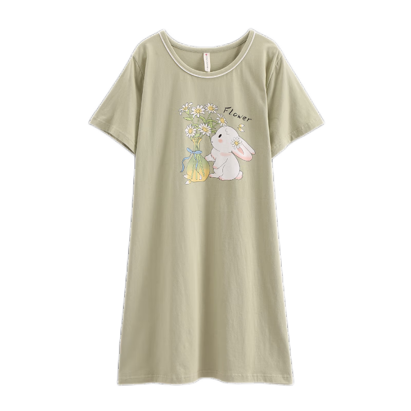 芬騰睡裙女士夏季薄款短袖純棉大碼可愛睡衣家居服全棉女款連衣裙 X98423765草綠 L 建議:110-125斤