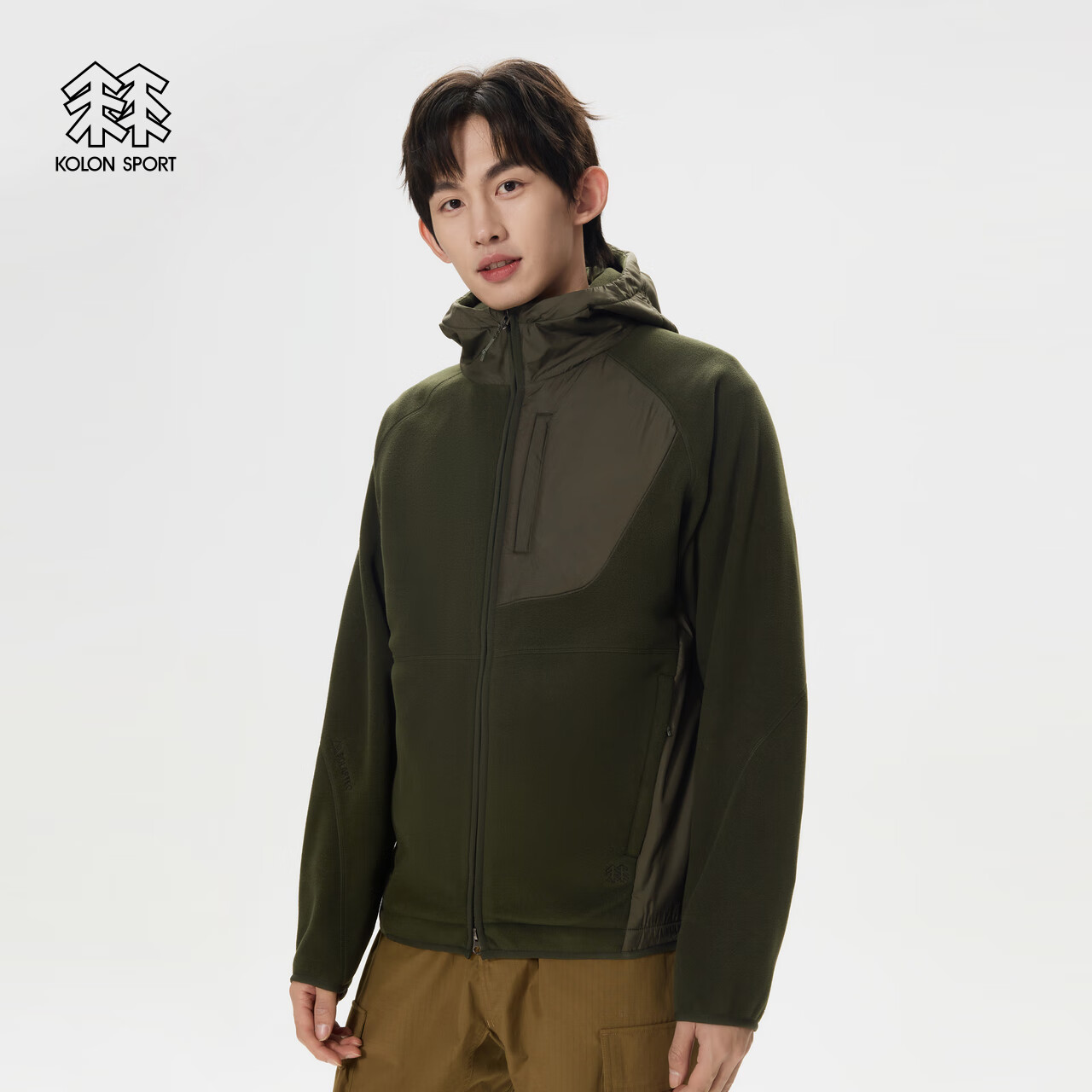 KOLON SPORT/可隆抓绒夹克 男子户外露营秋冬保暖轻便宽松连帽梭织外套 LHFJ4WTK35-KK 卡其色 L 175/96A