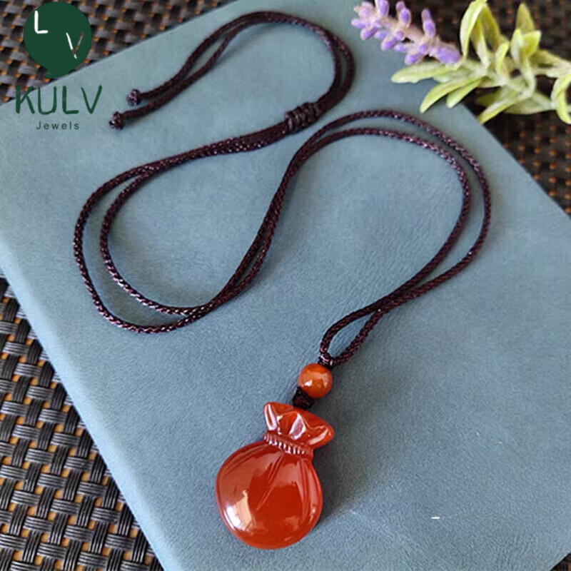 KULV紅色瑪瑙吊墜天l然紅福袋女納福紅玉髓小錢袋本命年平安簡(jiǎn)約手機(jī) 吊墜款