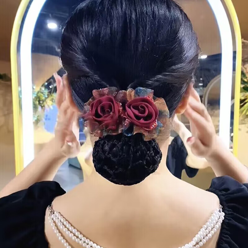 愛(ài)奢兔韓式頭花2023年頭飾高端職業(yè)發(fā)夾網(wǎng)兜丸子頭發(fā)網(wǎng)女盤(pán)頭 酒紅色 雙花頭花發(fā)網(wǎng)