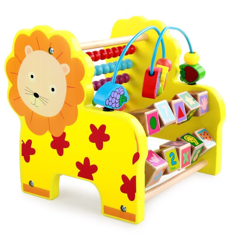 一岁女孩串珠 宝宝玩具木质创意 狮子绕珠百宝箱