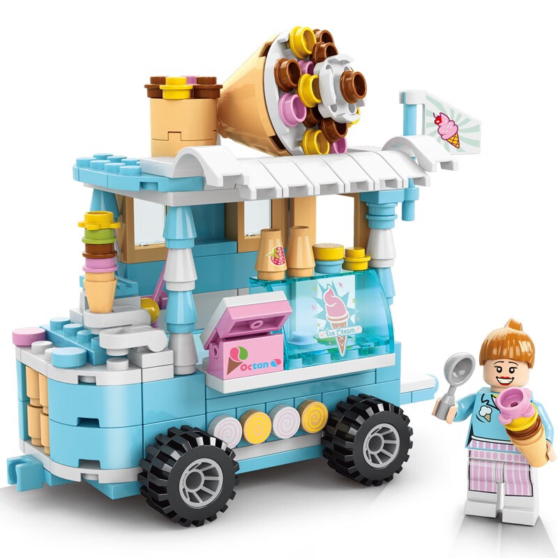 馨铂斯 多场景模型街景小吃积木拼装模型玩具车男女孩玩具小颗粒积木 冰淇淋（彩盒包装）