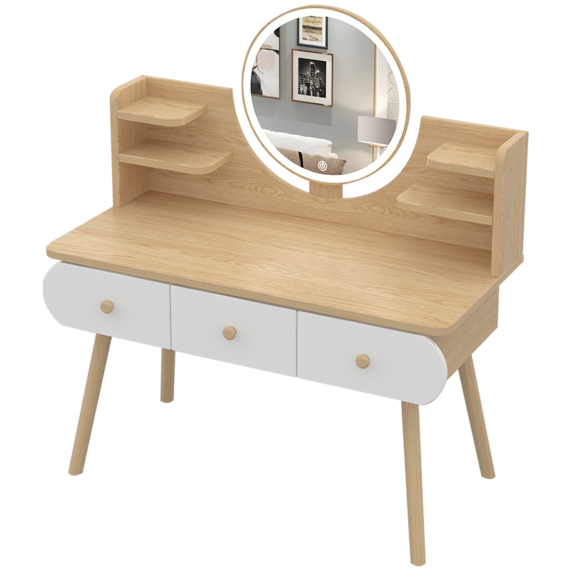 左印梳妆台卧室现代简约一体小户型网红ins风北欧小型化妆桌子 【升级三抽款+LED灯+仙女椅】原木纹色100cm 组装