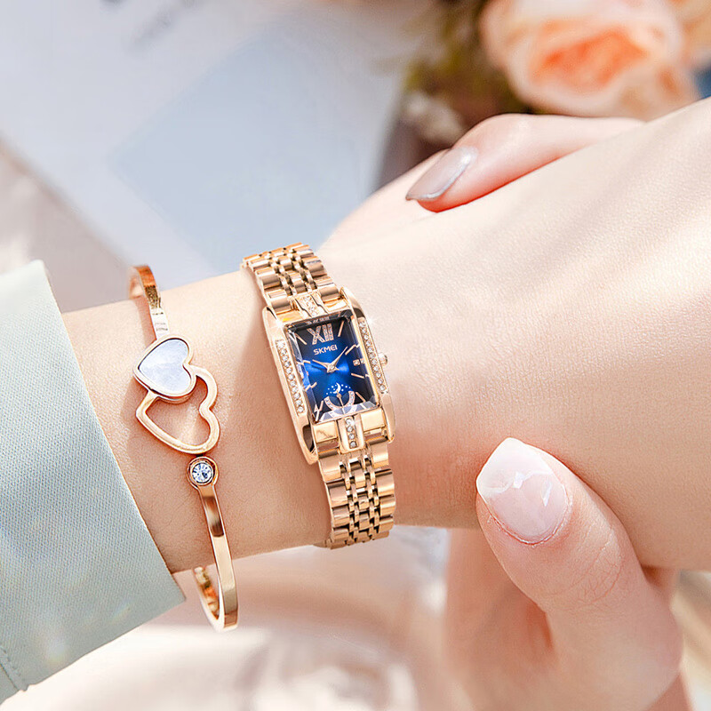 时刻美方形女士钢带气质时尚百搭手表镶钻防水腕表实心钢带蝴蝶扣7092 玫金壳棕面