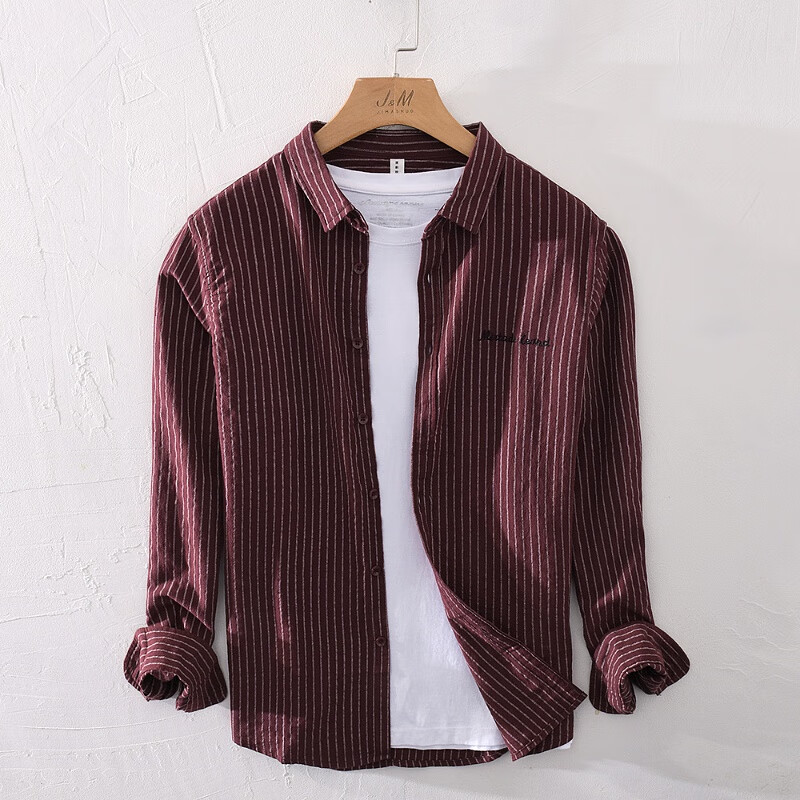 极麻日系清新文艺条纹长袖衬衫男士百搭宽松青年休闲舒适衬衣 酒红 m