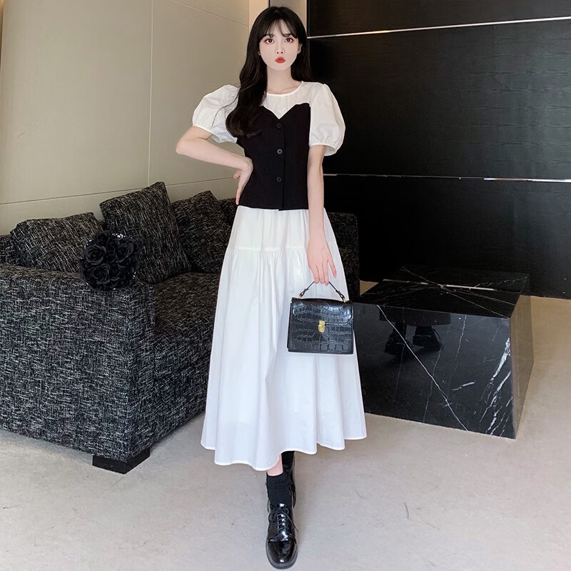 诗枫言女生连衣裙女夏新款设计感撞色假两件收腰显瘦泡泡袖淑女裙子