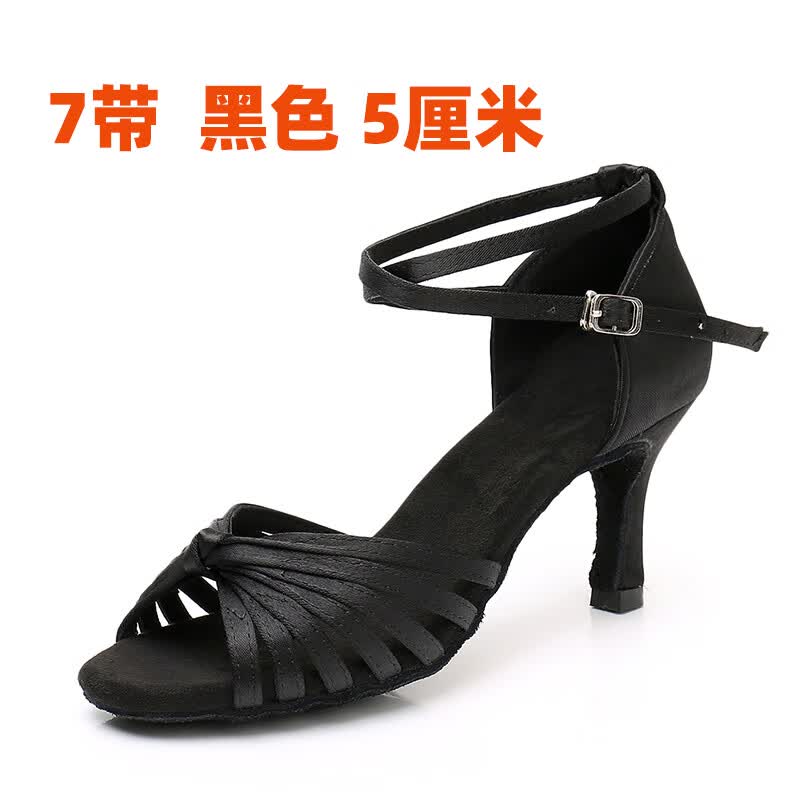 多吉则吉 DJZJ女士7带成人拉丁舞鞋中高跟舞蹈练功软底大童跳舞伦巴恰恰国标舞 7带黑色5厘米 34