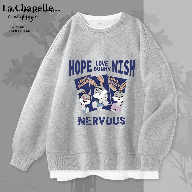La Chapelle City拉夏贝尔灰色假两件卫衣女秋季宽松oversize重磅卡通圆领上衣外套 灰-初恋兔 M使用感如何?