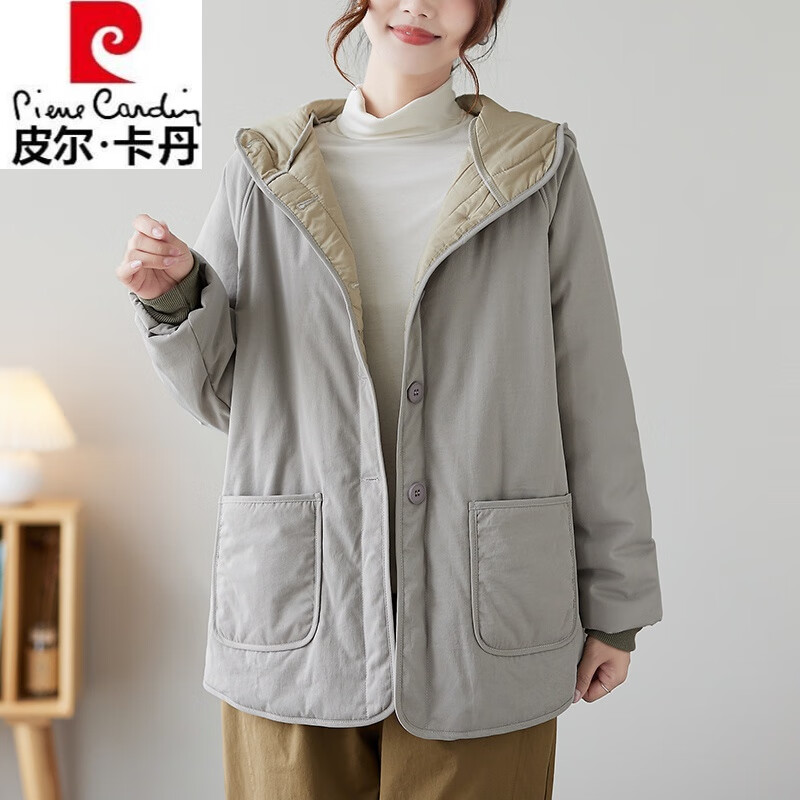 皮尔卡丹（pierre cardin）品牌女装时尚简约连帽棉服棉袄女冬季大号加棉开衫棉衣外套 浅灰色 M 【95-115斤】