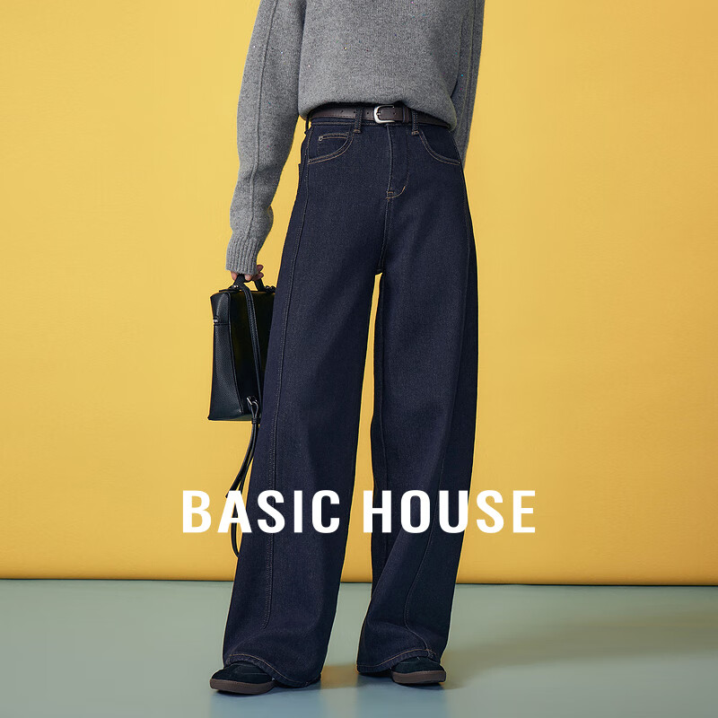 Basic House/百家好冬季新款加绒高腰牛仔裤复古宽松显瘦阔腿长裤 原牛色 XL