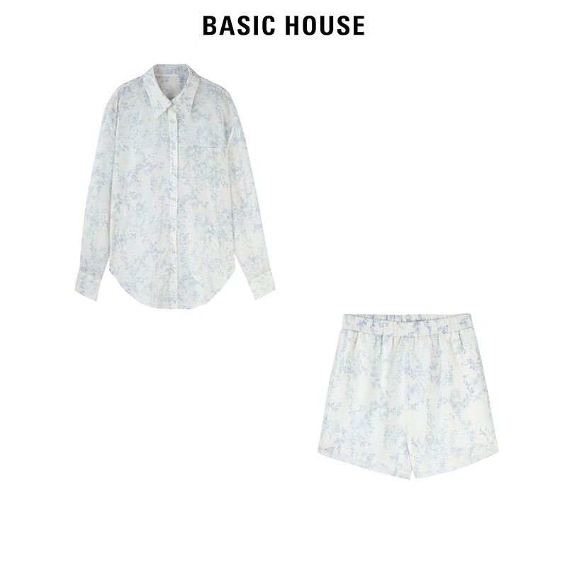 BASIC HOUSE/百家好休闲长袖碎花衬衫夏季新款短裤两件套套装 米色套装 M