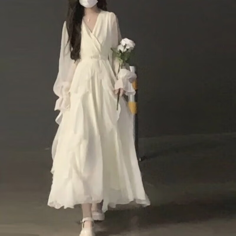亲在v领连衣裙高雅气质风温柔风白月光仙女超仙感法式气质初清纯长袖 洋装 XL