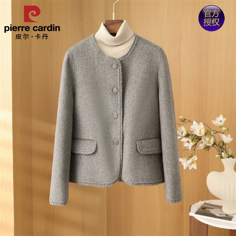皮爾卡丹（pierre cardin）2025秋冬款小個子雙面呢羊絨大衣女短款高級感小香風百搭毛呢外套 淺灰色 M 110-120斤左右