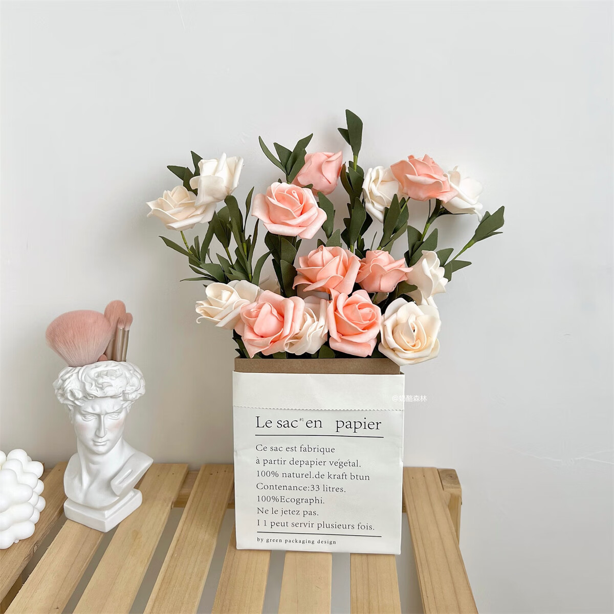 法式浪漫假花摆件 复古牛皮纸袋手捧花拍照道具 10朵橘粉 10朵米白