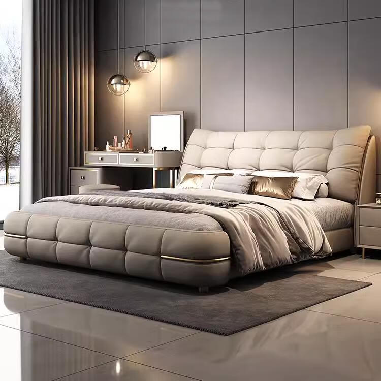 慕思2024新款豪华现代简约轻奢奶油风实木拉扣云朵羽绒靠包真皮床 单