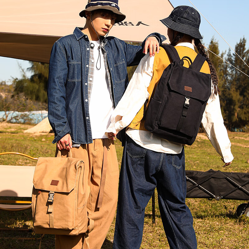 新潮代男士帆布双肩包复古大容量休闲通勤电脑背包初高中大学生书包 2005卡其色【可放15.6英寸电脑】 双肩包