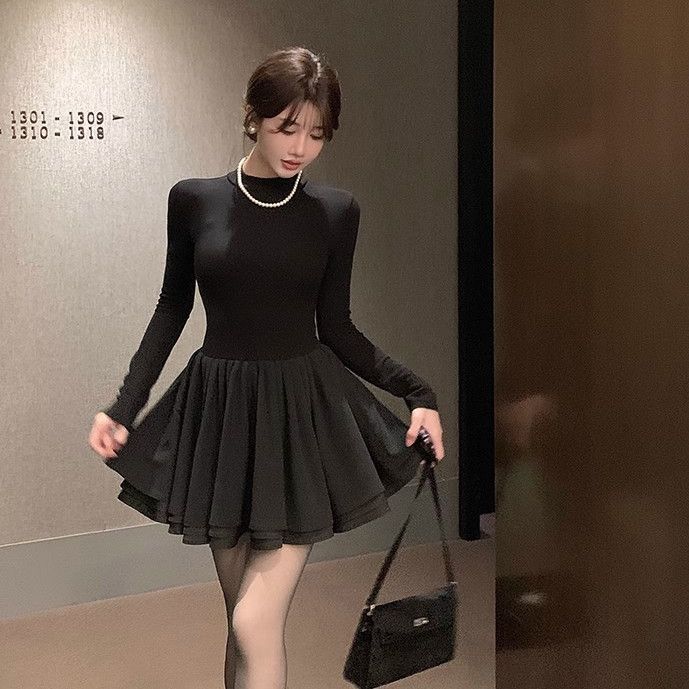 txschif短款连衣裙女小个子气质高腰a字裙圣诞穿搭收腰修身长袖高领