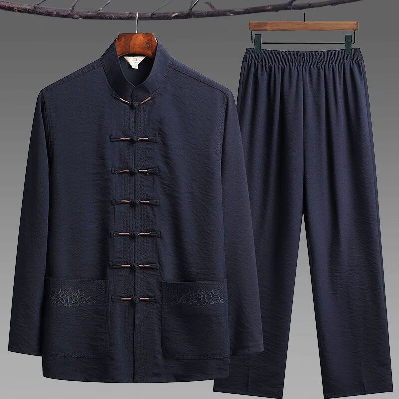 月袖（YUEXIU）中老年人唐装男长袖套装爸爸春秋装中式太极服汉服爷爷装衣服 藏青【套装】 42 (建议160-170斤)怎么看?