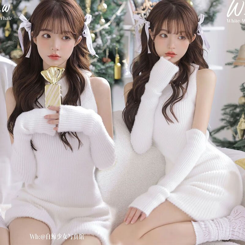 写真圣诞雪景拍照服装室内纯欲私房小女风艺术照新款 针织衣袖套_袜子