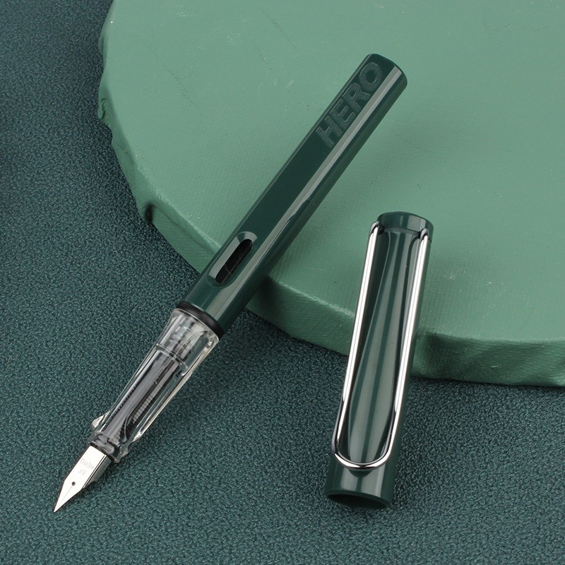英雄（HERO）钢笔359正姿EF尖薄厚片工艺学生练字钢笔 （附加6支墨囊）铱金钢笔签字笔复古绿