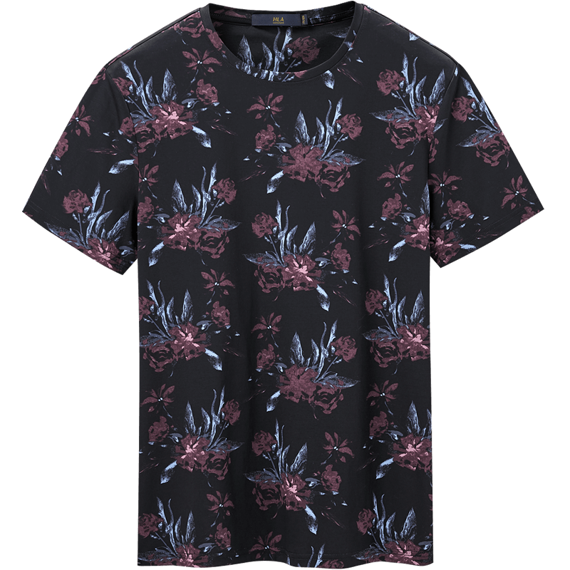 hla海澜之家大满花短袖丝光棉t恤圆领套头短t男 黑色花纹wk 165/84a/s