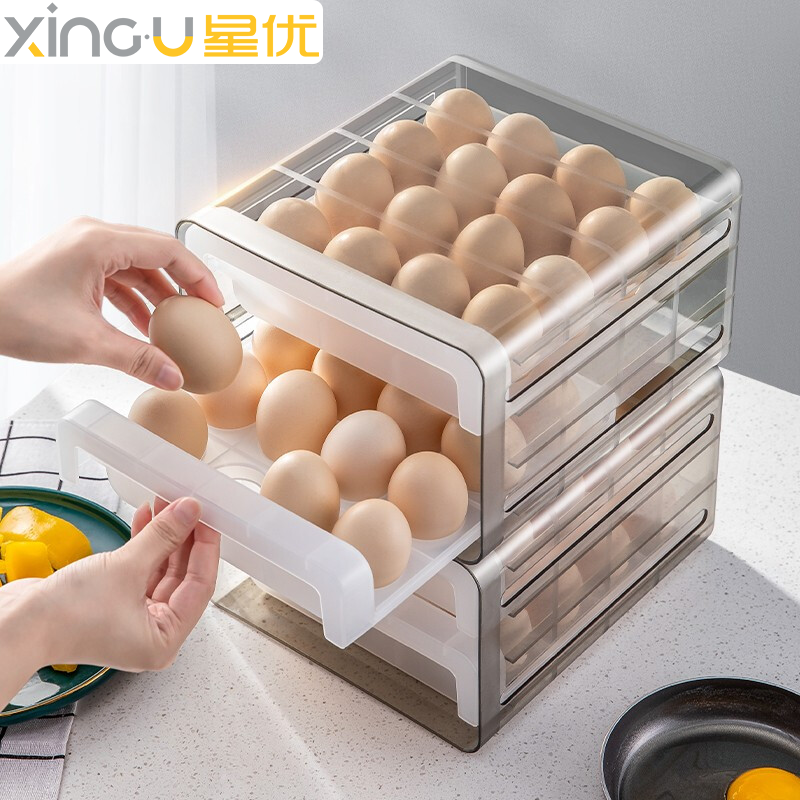 星优 鸡蛋盒家用厨房透明保鲜鸡蛋收纳盒放冰箱用抽屉式带盖防震塑料盒 双层32格【可收纳32个鸡蛋】