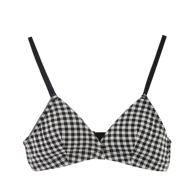 木洛茵夏季薄款内衣女无钢圈平胸三角杯法式文胸美背显小纯棉 黑白格